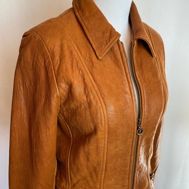 90’s so soft supple leather jacket Boho rocker  Androgynous style brown fitted collar zipper front size Med 