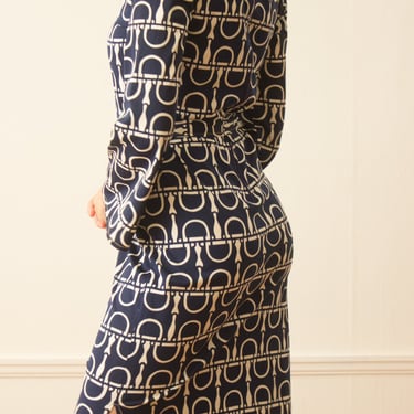 1970s Horsebit Print Jersey Bell Sleeve Maxi Dress 