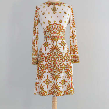 Fabulous 1970's Baroque Border Print Jersey Print Dress From Saks Fifth Ave / M
