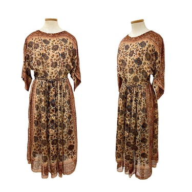 Vtg 70s Zodiac Silk Boho Indian Block Print Paper Thin Dolman Sleeve Midi Dress 