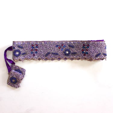 SALE - Vintage Beaded Waist Sash Belt with Ties - Purple Embroidered Flower Belt - India Saree Accessories 