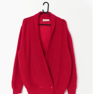 Red vintage mohair cardigan with cross over front, made in the UK, bright vintage knitwear - Medium / Large 