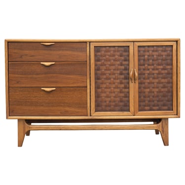 Restored Warren Church for Lane Perception Walnut & Oak 3-Drawer & Woven Cabinet