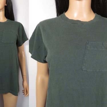 Vintage 70s/80s Fruit Of The Loom Hunter Green All Cotton Single Stitch Defected Pocket Tee Size M/L 