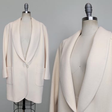 Ivory Wool Coat / Women's Wool Coat / 1980s Coat / Oversized Jacket / White Blazer / Vintage Carcoat / Size Large 