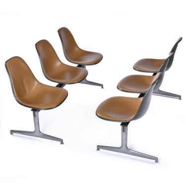 Pair Herman Miller Eames 3-Seat Tandem Benches with Brown Naugahyde Pad Shell Chairs 