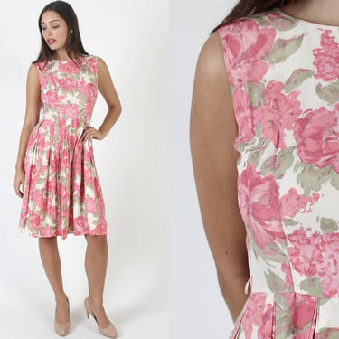 50s Bright Pink Rose Floral Dress, Mid Century Modern Outfit, MCM Evening Party Mini Frock 