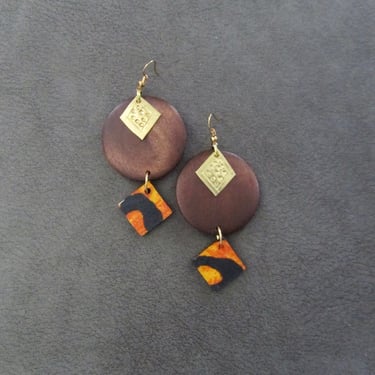 Big bold African print Ankara and wooden earrings orange 