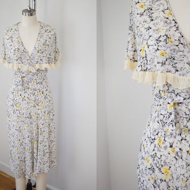 Vintage 1930s Floral Print Dress with Capelet Collar | XS/S | Antique 30s Rayon Dress Wrap/Tie Waist 