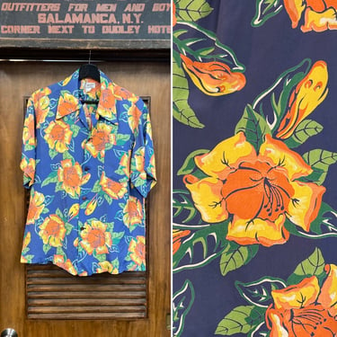 Vintage 1940’s “Malihini” Silky Rayon Tiki Floral Loop Collar Hawaiian Shirt, Great Condition, 40’s Vintage Clothing 