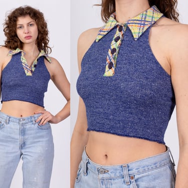 70s Mod Plaid Collared Crop Top - Small | Vintage Blue Knit Button Up Cropped Shirt 