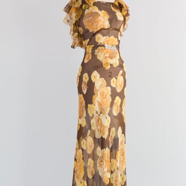 Exquisite 1930's Silk Chiffon Autumn Floral Print Gown / Medium