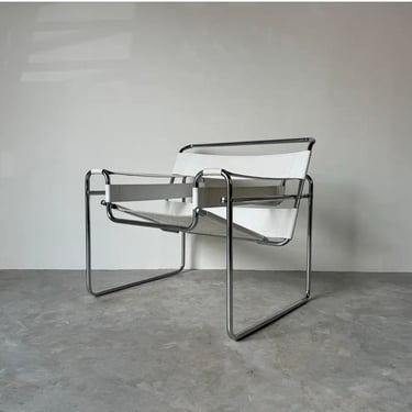 Vintage Marcel Breuer Wassily - Style Chrome White Leather Sling Lounge Chair 