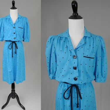 80s Light Blue Dress w/ Black Polka Dots - Rayon Blend - Vintage 1980s - S M 