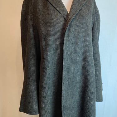 40’s 50’s Men’s wool tweed overcoat trench coat style Stylish black & dark green weave Long dress coat boxy cut true vtg 1950’s 