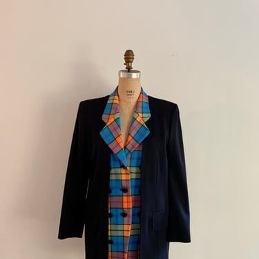 Escada by Margaretha Ley vintage 90s bright plaid and black unusual double front wool blazer-size M/L (marked 34) 