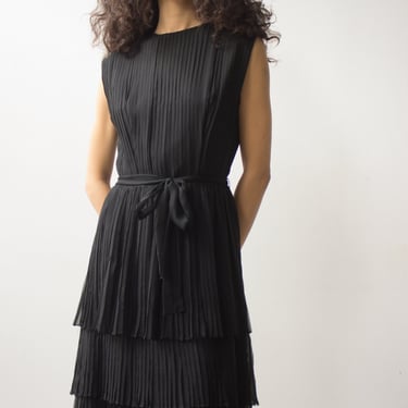 1960s Black Silk Pleated Cocktail Dress 