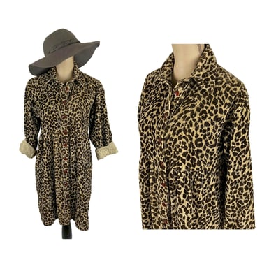 S-M 90s Y2K Cheetah Print Corduroy Dress, Button Down Long Sleeve Midi, Brown Earth Tone Fall Winter Clothes Women Vintage JESSICA HOWARD 