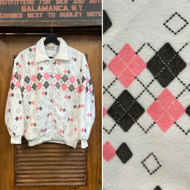 Vintage 1980’s -Deadstock- 1950’s Style Argyle Diamond Rockabilly Fleece Jacket, 50’s Fashion, 80’s Vintage Clothing 