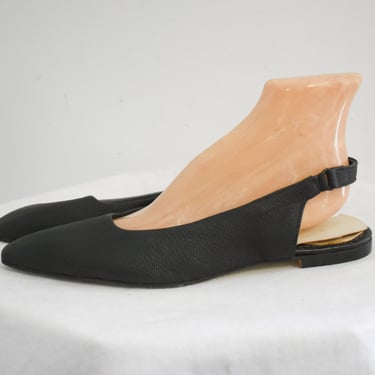 1960s Connie Black Pebbled Leather Slingback Flats 