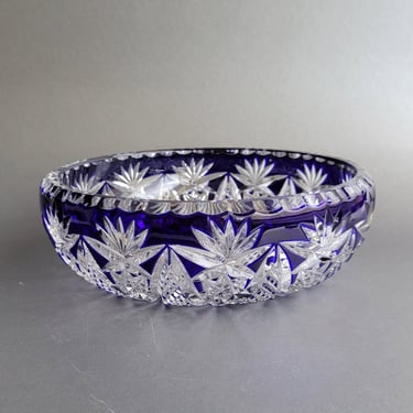 Vintage Czech Bohemian cobalt blue cut to clear crystal bowl  Large centerpiece vase Collectible home decor Luxury gift 