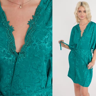 Green Embossed Robe 90s Lingerie Bed Jacket Flower Print Tie Front Lounge Mini Short Pajama Robe Boho Vintage Val Mode 1990s Small S 