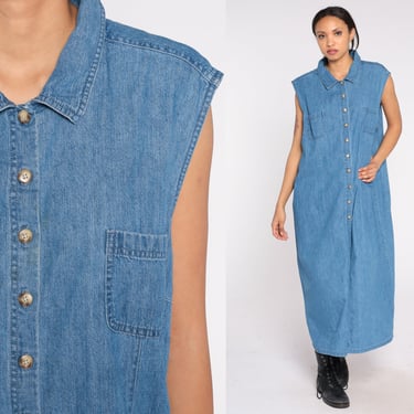 90s Denim Maxi Dress Blue Jean Jumper Grunge Button Up Ankle Length Front Slit Retro Overall Dress Sleeveless Vintage 1990s 24 W 3xl xxxl 