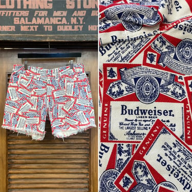 Vintage 1960’s w33 Budweiser Beer Pop Art Denim Cut-Off Shorts, Mod, Hippie, Advertising, 60’s Vintage Clothing 