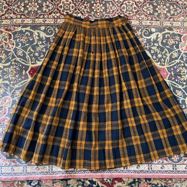 Vintage 1950’s ‘60s navy blue & squash plaid skirt | ‘50s pleated skirt, high waisted, wool, below the knee, AS IS, XS/S 