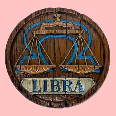 Vintage Libra Wall Plaque 1970s Retro Size 10.25" D + Mid Century Modern + Chalkware + Brown/Blue + MCM Zodiac + Scales + October Birthday 