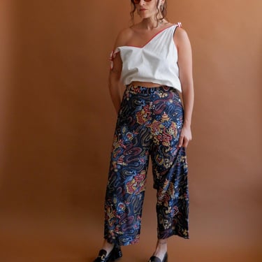 Vintage 40s Cold Rayon Lounge Pants/ 1940s Dragon Print Wide Leg Beach Pajamas/ Size Medium 30 