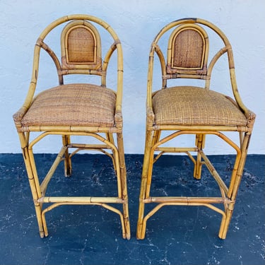 Set of 2 Vintage Rattan Barstools - Coastal Boho Chic Natural Bamboo Bentwood Wicker Chairs 