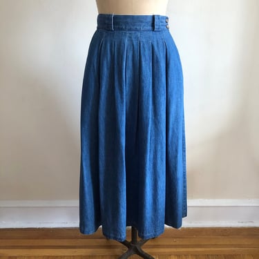 Pleated Blue Denim Midi/Maxi Skirt - 1980s 