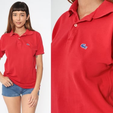 Lacoste Polo Shirt Red 80s Top Izod CROCODILE Short Sleeve 1980s Vintage Retro Plain Half Button Up Cotton Small Medium 