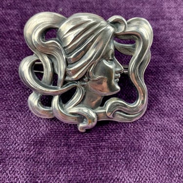 Vintage Art Nouveau Brooch with Clip Feature - Sterling Silver - Profile of a Woman - Surrounded by Flowing Hair - Safety Pin Locking Clasp 