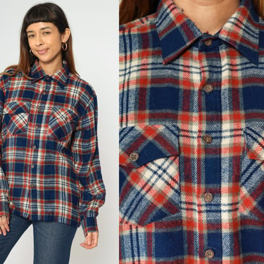 Blue Flannel Shirt 80s Plaid Button Up Shirt Retro Tartan Checkered Print Collared Long Sleeve Red Acrylic Top Vintage 1980s Men's Large L 