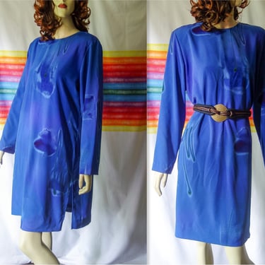 80s medium caftan dress, pastel purple blue abstract vintage designer painterly art to wear by Ruth Norman 