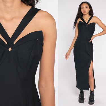 Black Party Dress 90s Strappy Sweetheart Neckline Bodycon Dress Criss-Cross Dress Maxi Sexy Cocktail Formal Vintage Cage High Slit Small 4 