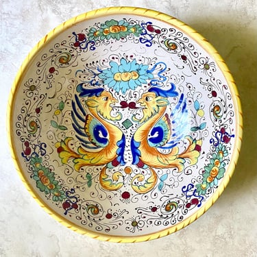 12” Dipinto A Mono Italy~ Raffaellesco Deruta Ceramiche Double Dragon Pasta Bowl~ Raffaella Hand Painted Excellent Condition, Italy 