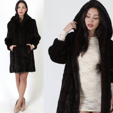 Mink Mid Length Fur Coat With Removable Hood, Vintage Darkest Mahogany Luxurious Real Jacket 