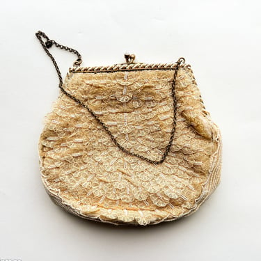 1930-40s Lace Handbag| 30s Lace & Tiny Pearls Purse | I Magnin | Made in France 