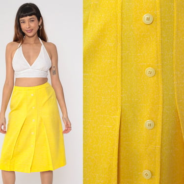 Yellow 70s Skirt Button Up Pleated Midi Skirt Flecked Pencil Skirt High Waisted Mod Skirt Retro 1970s Vintage Polyester Small Medium 