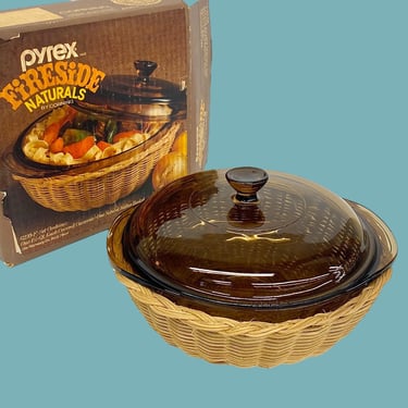 Vintage Covered Casserole w/Basket Retro 1970s Pyrexware + Fireside Naturals + Size 1.5 Quart + Glass + In Box + Kitchen Cookware + Serving 