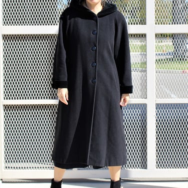 Vintage 1990s Forecaster Black Hooded Coat, Wool Blend, Medium Women, Winter Coat, Black Velvet Trim 