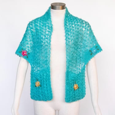 1960s Wool Mohair Knit Shawl Floral Wrap 