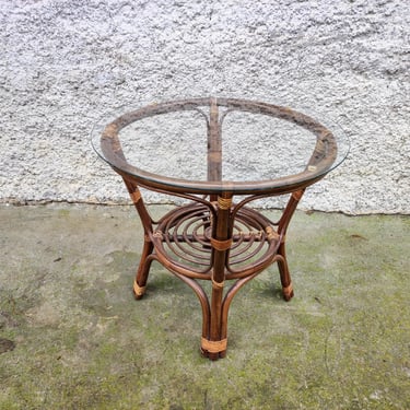 Vintage Dark Rattan Coffee Glass Table/ Wicker Table / Patio Furniture/ Vintage Rattan Furniture/ Boho Style Table / Modern End Table / 80s 