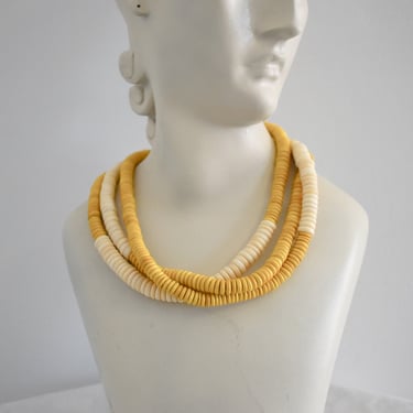 1980s/90s Golden Yellow Wooden Bead Three Strand Necklace 