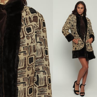 Tapestry Jacket Faux Fur Coat Vegan Vintage 70s Bohemian Jacket Mod 1970s Boho Hipster Fake Fur Brown Winter Vegan Medium 