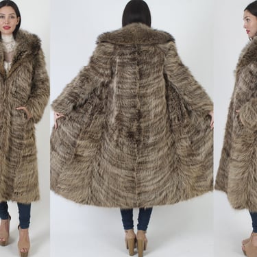 80s Luxe Shaggy Raccoon Fur Jacket, Plush Brown Shawl Collar Stroller Coat, Full Length Heavyweight Warm Overcoat 