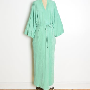 vintage 70s robe mint green terry cloth velour long duster bed jacket wrap L XL clothing 